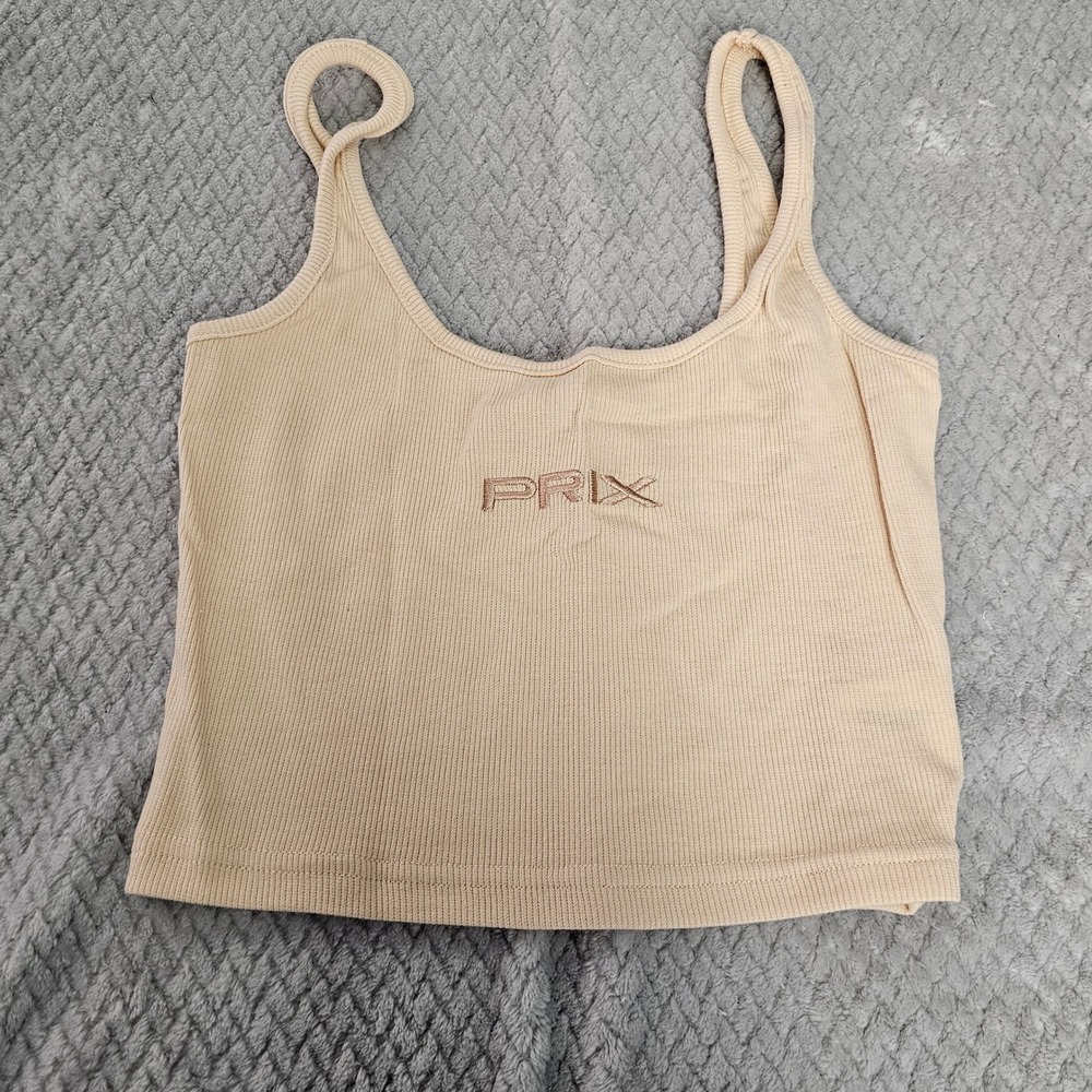 PRIX Ribbed Crop Tank Top Small Beige Desert Cotton‎ Logo